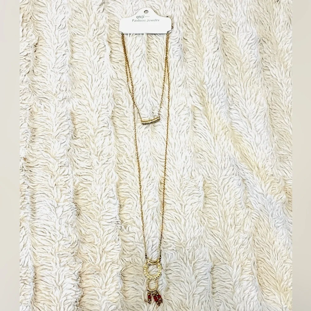 2/$15 - Boho Double Hoop Drop Necklace | Gold & Red Statement Necklace | NWT